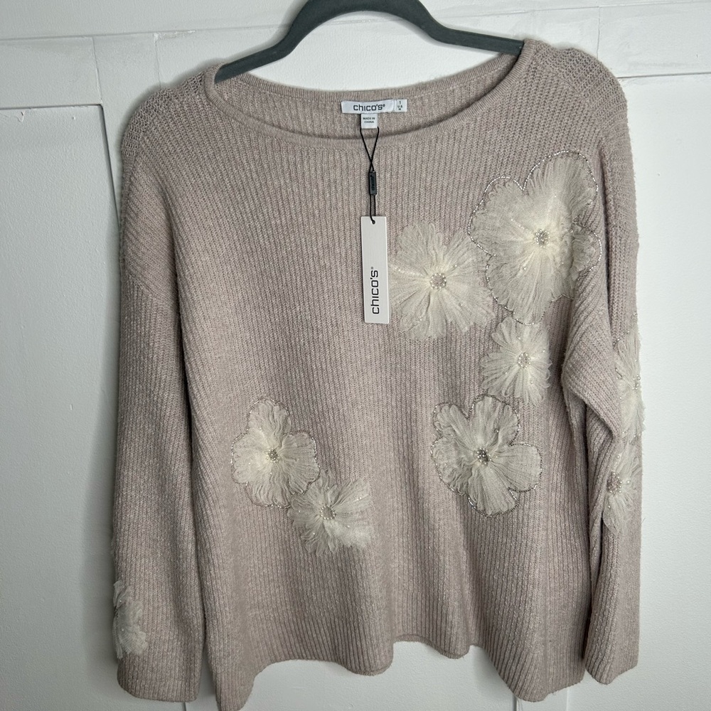 Chico's Women's Beige Sweater with Floral Accents brand new size medium